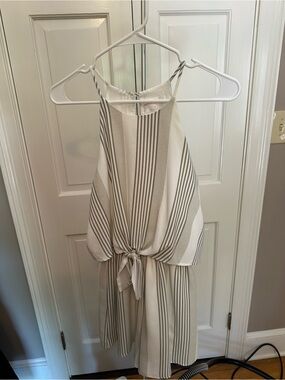 Striped Tie-Front Romper in Grey and White